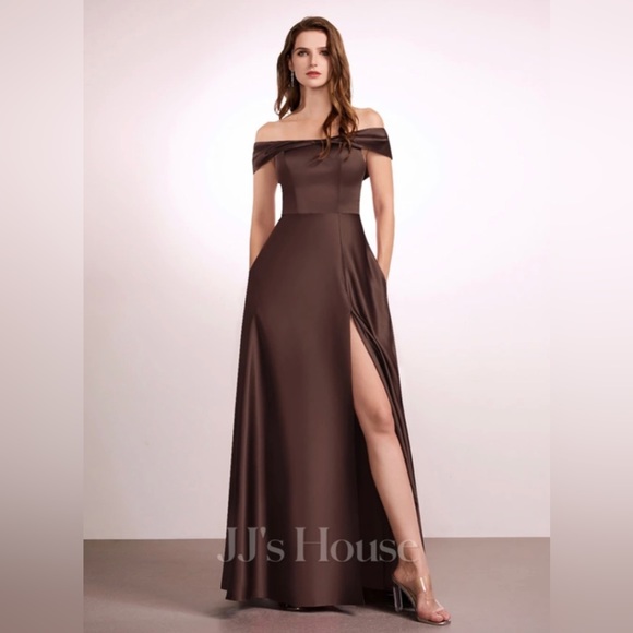 JJs House Dresses & Skirts - A-line Off the Shoulder Floor-Length Satin
